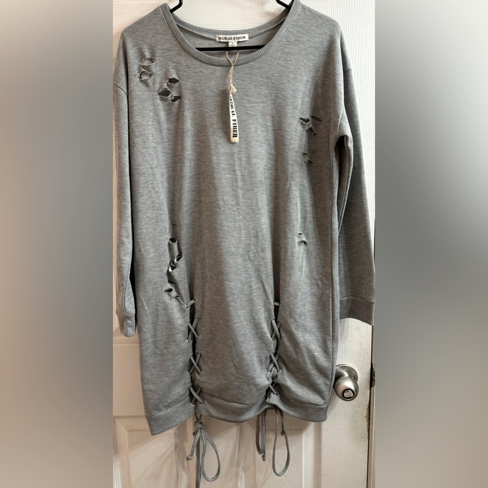 Moral Fiber Distressed Lace Up Gray Sweater Dress Women’s Size Large